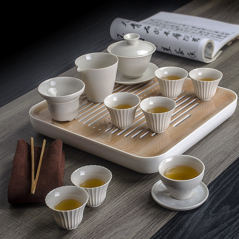 Simple Japanese grass cover bowl kung fu tea set small set of melamine drainage large tea plate white porcelain teacup