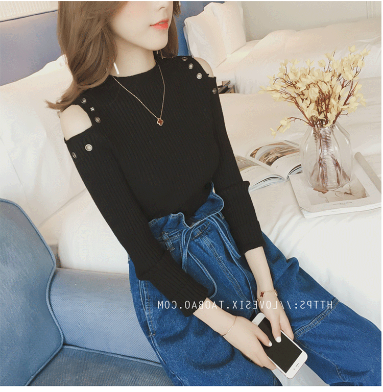 Áo len dệt kim nữ dài tay mùa thu 2018 Áo len mới Joker Thin phần Heartless Shoulder Fall bottom Leaking Shoulder Tops Women thời trang nữ cao cấp