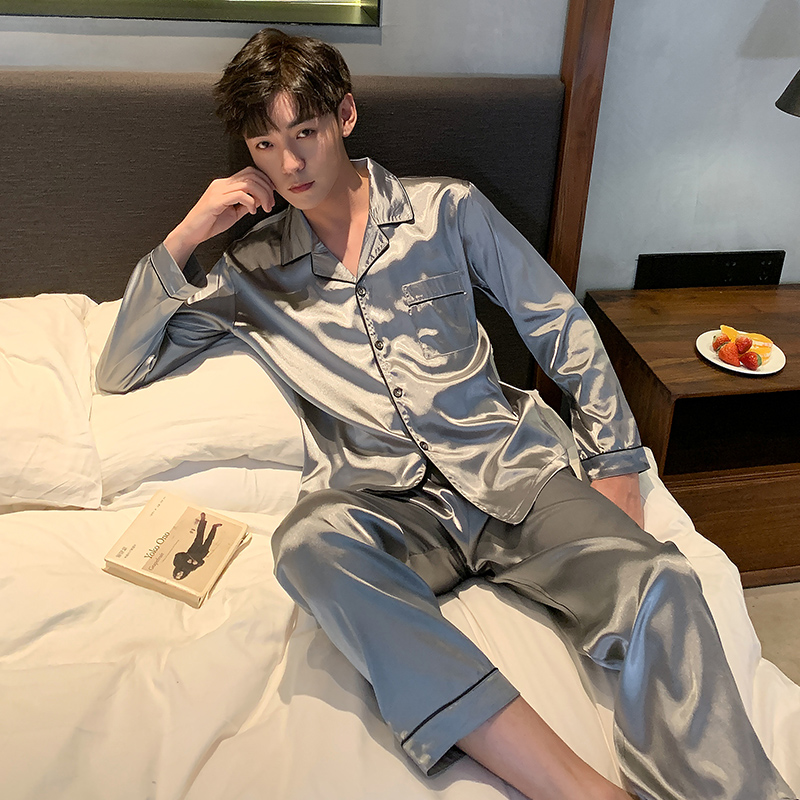 Men's sleepwear long sleeve long pants thin section of ice silk loose large size for spring and autumn season Home Casual Silk Suit for summer