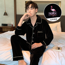 Gold velvet pajamas mens spring and autumn long-sleeved thin warm mens autumn and winter coral velvet home clothes two-piece suit