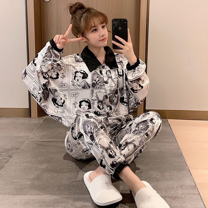 Women's Pajamas Spring and Autumn Ice Silk Long-sleeved Sweet and Cute Princess Style Two-piece Suit Cartoon Thin Silk Homewear