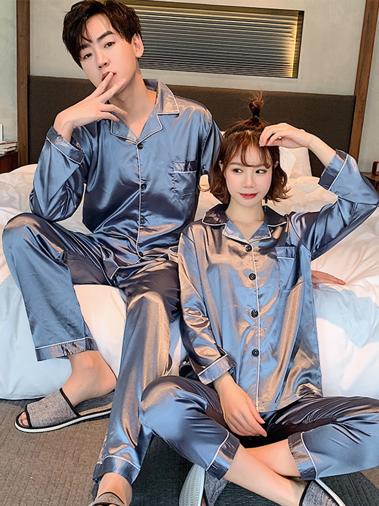 Couple pajamas ice silk spring and autumn long-sleeved women's thin men's silk can be worn outside the home suit suit in autumn and winter