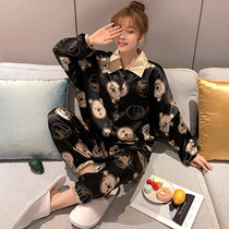 Pajamas womens spring and autumn ice silk cute suit Korean version thin section student loose casual long-sleeved cardigan silk home clothes