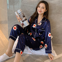 Pajamas womens spring and autumn ice silk thin long-sleeved Korean version of cute loose two-piece set silk can be worn outside the home suit set