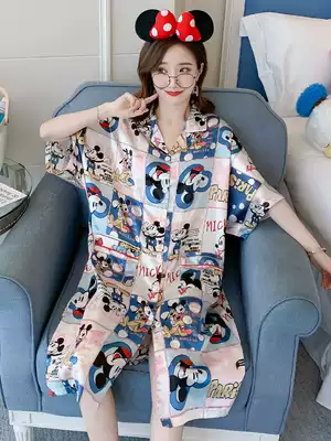 Nightdress women's summer ice silk short sleeve thin sexy pajamas Korean silk students spring and summer cardigan cartoon home clothes