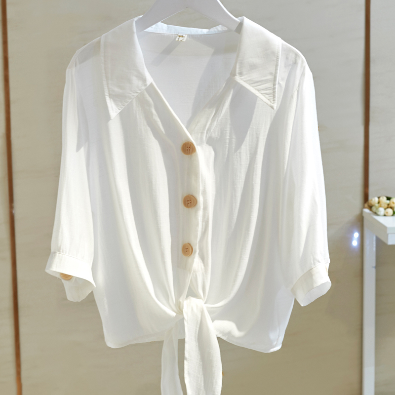 White V-Neck Shirt for Women, Mid-Sleeve, Summer New Style, Plus Size, Loose Fit, Slimming, Tie-Up Short Top, Base Shirt