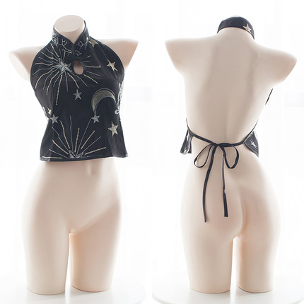 七了个三 黑色旗袍领肚兜性感短款背心露背上衣绑带露脐装-tmall.com天猫
