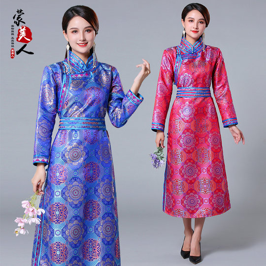 蒙古服装女长款传统蒙古袍手工盘扣蒙古族舞蹈演出服少数民族服饰