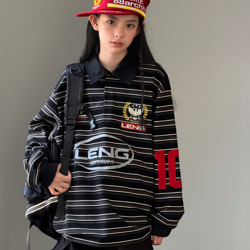 Auntie Leng's Long-Sleeved Striped Polo Shirt for Boys and Girls with a Turn-Down Collar, Letter Print, Loose Fit, Casual Heavy-Duty Sweatshirt Top