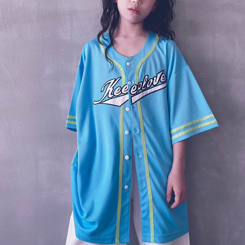 Aunt Leng customized boys and girls thin baseball cardigan hip-hop street dance performance short-sleeved top parent-child style