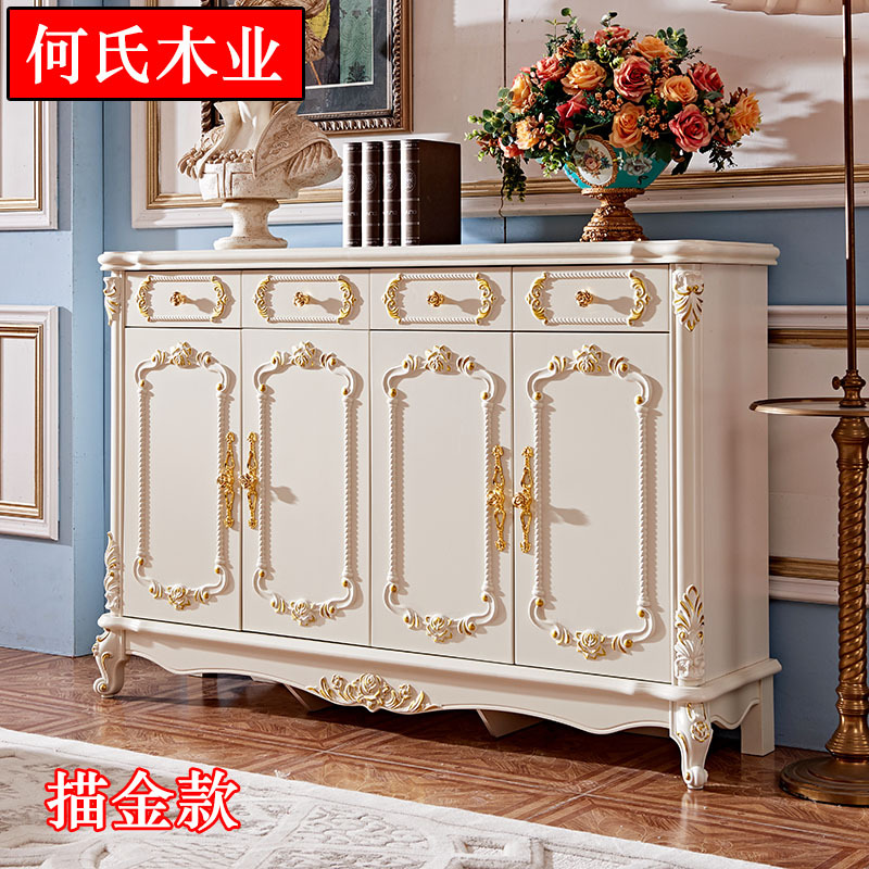 European-Style Shoe Cabinet, White Solid Wood Carved with Gold Trim, Four-Door Shoe Cabinet, Foyer Cabinet, Entrance Cabinet, Living Room Large-Capacity Storage Cabinet