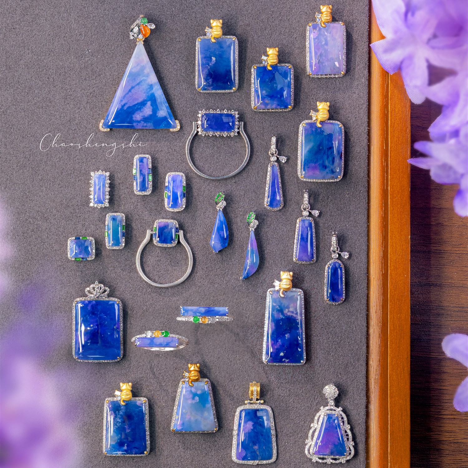 Shu Jilai blue cherry blossom pendant ring back cat