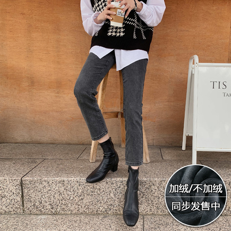 Straight cylinder plus suede jeans female autumn winter 2020 high waist display slim display high loose wide leg black grey smoke tube pants