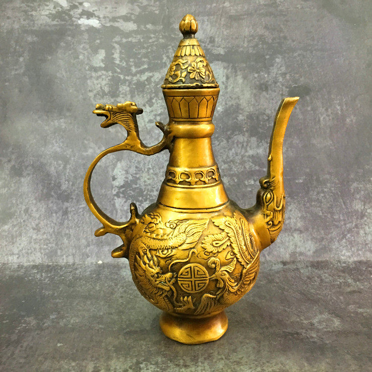Copper jug Pure copper household antique copper pot Dragon and phoenix made household ornaments Wedding home decoration Antique bronze