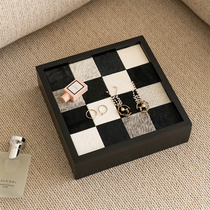 Checkerboard horsehair jewelry box Bedroom desktop jewelry storage box with lid Light luxury solid wood tray entryway storage