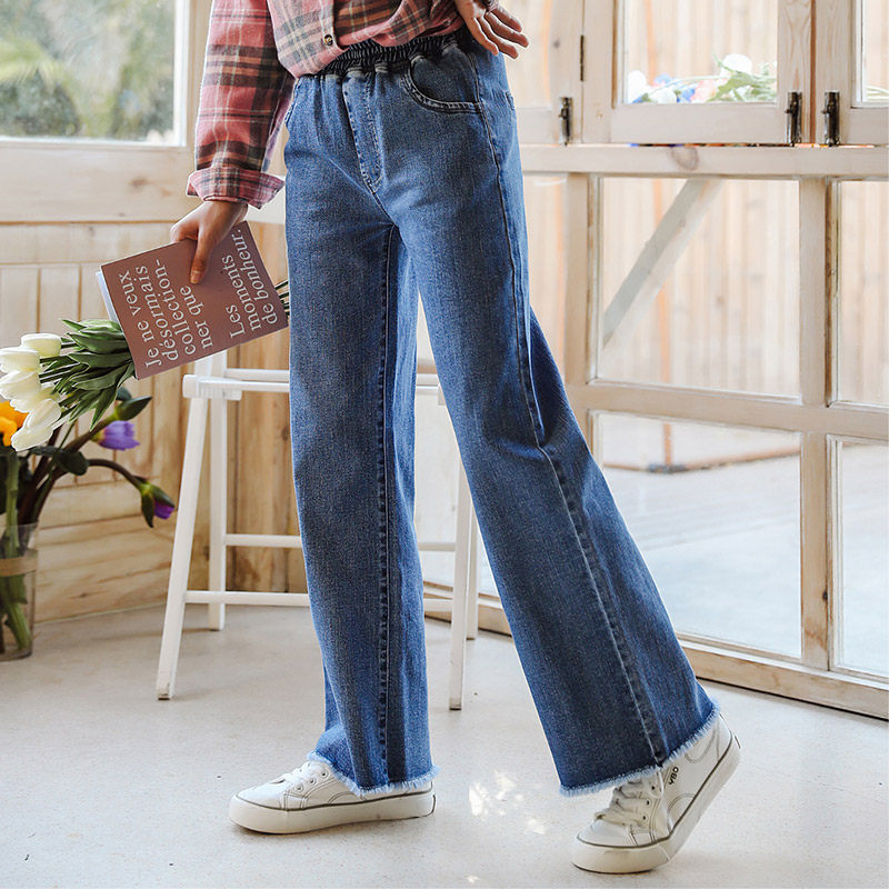 Girl Broadlegged Pants Spring Autumn 2021 New Foreign Pie Large Child Loose Straight Drum Jeans Outside Wearing Thin 12-year-old Tide