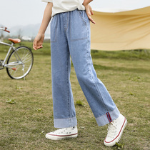  Girls  wide-leg pants 2021 new summer Western style middle and large children loose straight jeans outer wear thin 12-year-old tide