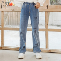  Girls jeans spring and autumn 2021 new Western style middle and large children net red loose printed straight trousers little girl tide