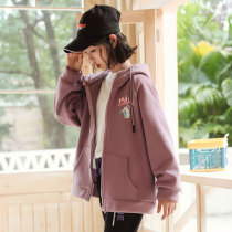  Girls  jacket spring and autumn 2021 new Western style fashionable middle and large childrens knitted hooded sweater autumn little girl 12 years old