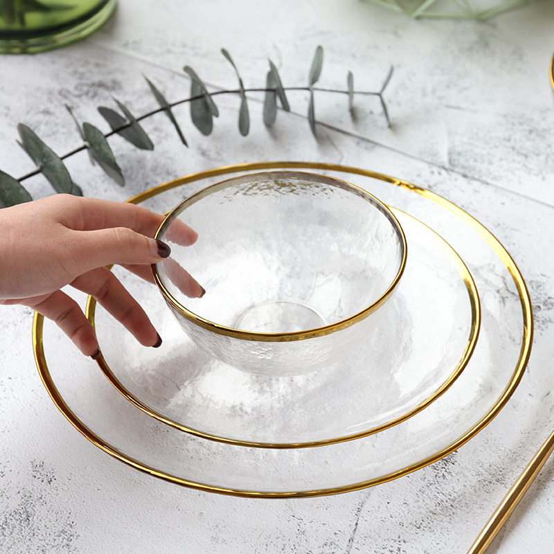 Mi Li Fengwu Japanese-style Phnom Penh Hammer Pattern Glass Bowl Home Transparent Western Plate Vegetable and Fruit Salad Bowl Breakfast Bowl