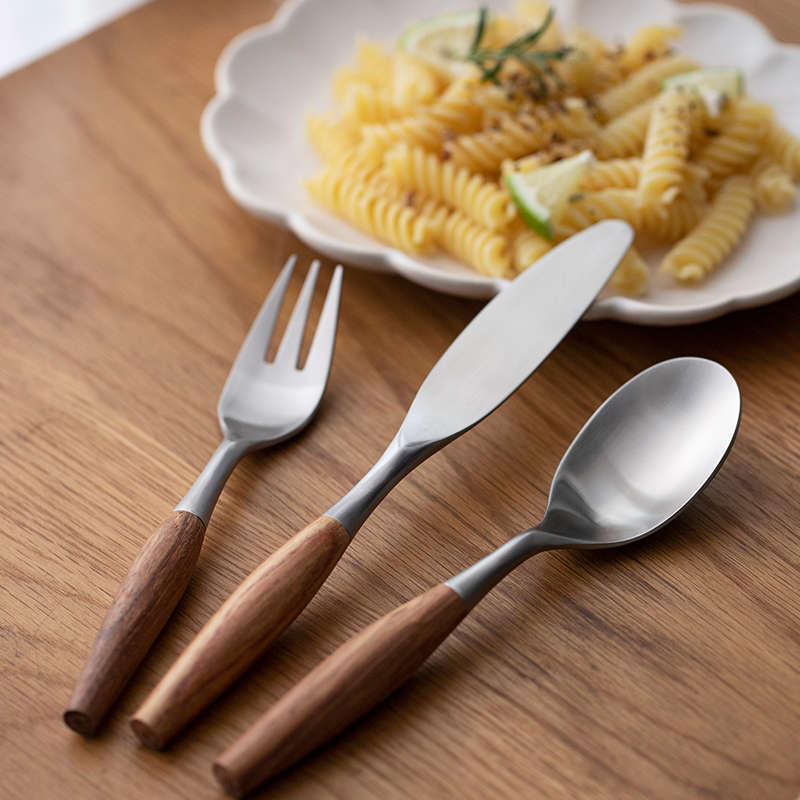 Mi Standers Delicate Flowers Pear Wood Knife Fork Spoon Upscale Stainless Steel Fork Spoon Sweet Pitchfork Retro Wood Handle Cutlery-Taobao