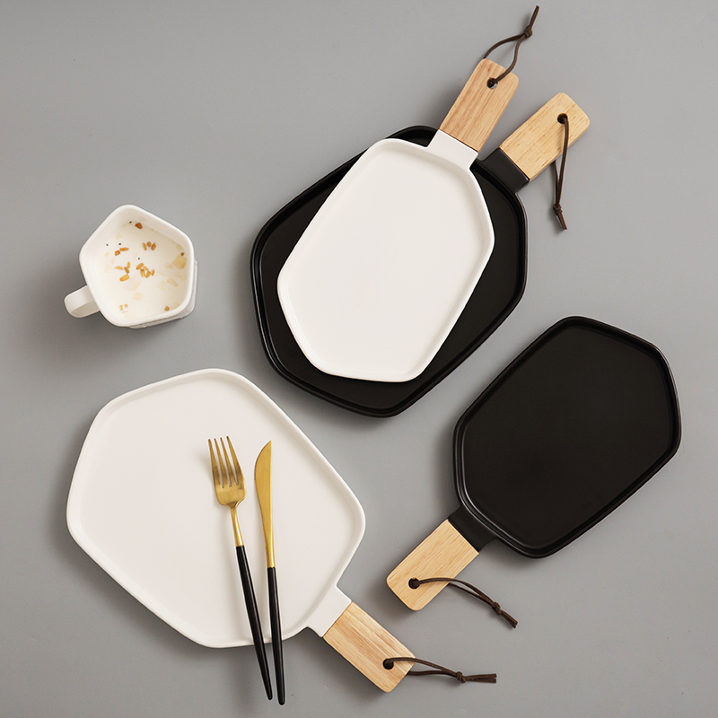 Mili style Nordic dish plate black and white bamboo handle salad plate ceramic flat plate geometric dessert plate fruit breakfast plate