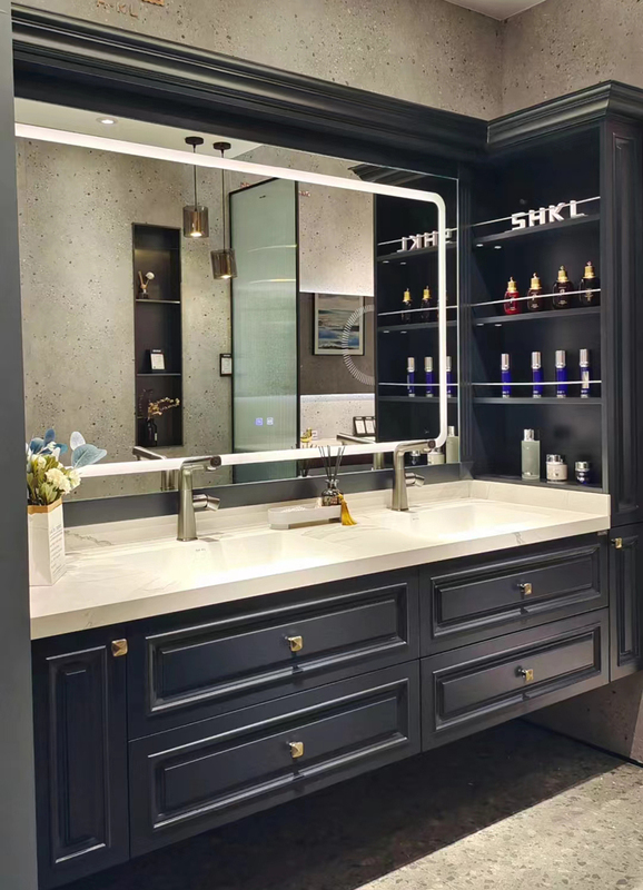 French-Style Bathroom Cabinet Set, Oak European-Style Bathroom Vanity with Integrated Washbasin, Cream-Style Wash Basin