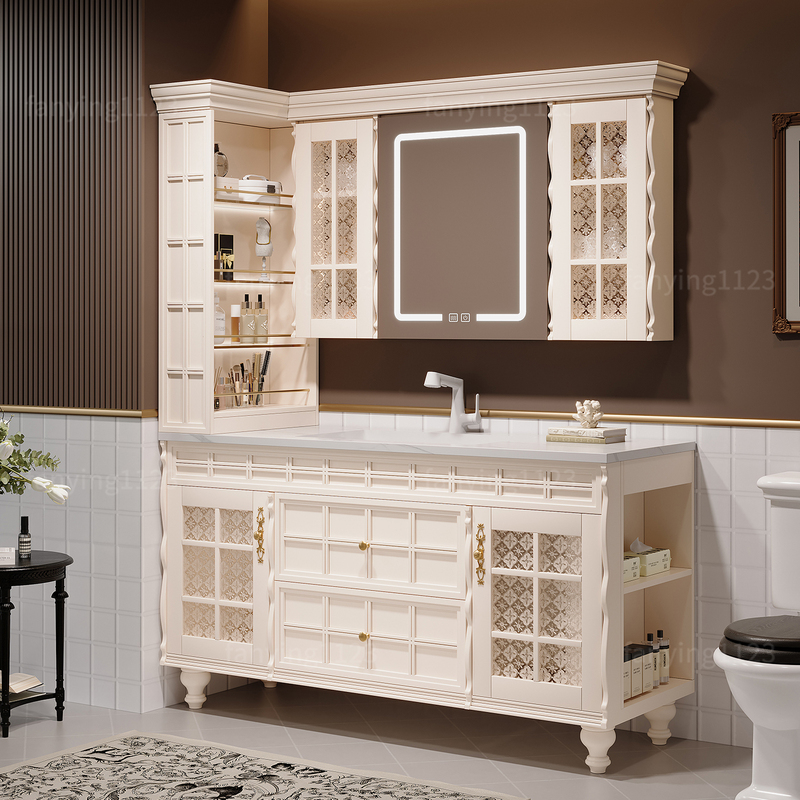 French-Style Vintage Oak Bathroom Cabinet Set with Washbasin, American-Style Bathroom with Seamless Slate Basin