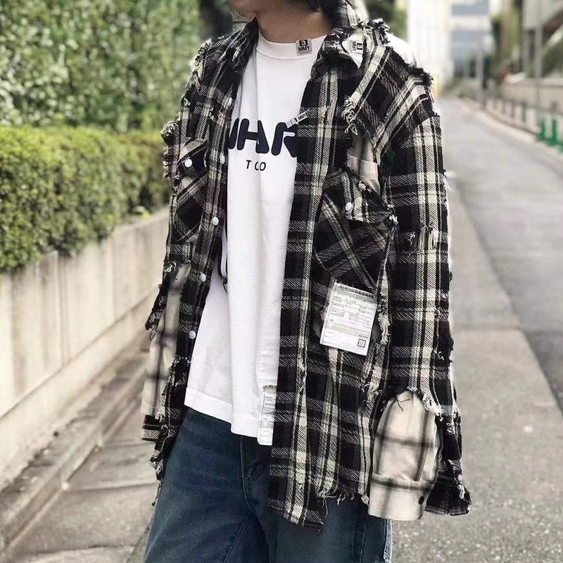 21Ss Mihara Yasuhiro Japanese Black and White Checkered Distressed Double-Layer Shirt Jacket