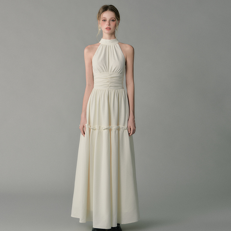 Lkone Mountain and Sea'Sea Salt Oatmeal' French Retro Design Long Dress Halter Neck Strap Pleated Waist Dress