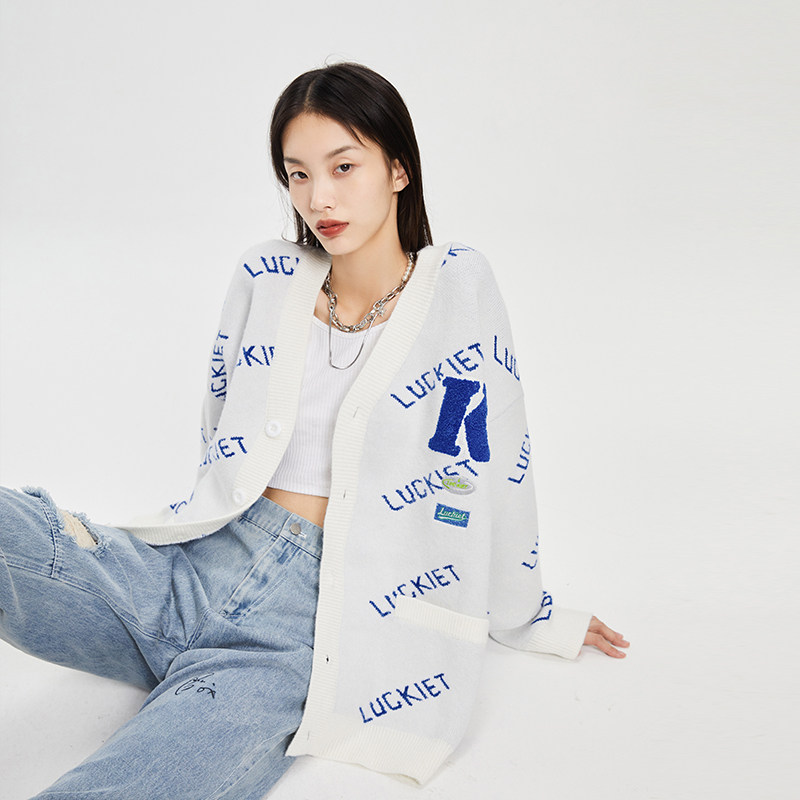 LKONE Original Tide Sign Embroidered Knit Cardigan Fall Loose sweaters dress thin and soft glutinous coat