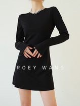 ROEYWANG stretch knit slim waist sexy hip hip small black dress short long sleeve short dress women