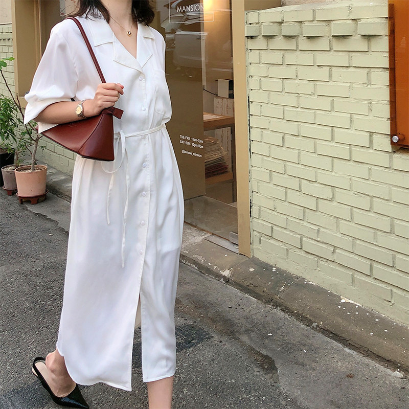 RUI WANG French Hepburn style shirt skirt female lazy high-end summer long skirt