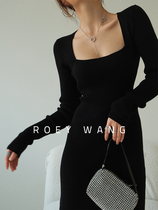 ROEYWANG Spring and Autumn New French Vintage Square Collar ins Skinny Slim Long Wool Knitted Dress