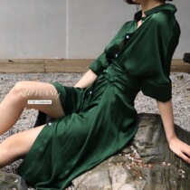 RUI WANG V collar dress vintage shirt dress women 2019 spring and summer new waist thin temperament chiffon skirt
