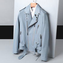 GD star same SLP fan car leather jacket mens leather short lapel Korean version of locomotive clothing leather jacket Blue