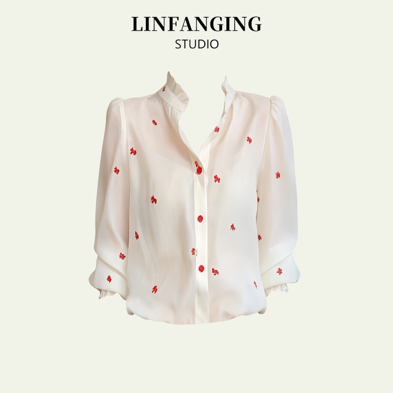 Linfanging French Sweet Style Heart Embroidery Shirt for Women, New Spring and Summer Lantern Sleeve Loose Slimming Top