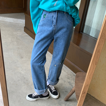 Fat sister mm size womens jeans Autumn New 2021 loose high waist straight wide leg pants show thin tide