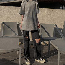 Large size womens clothing 2021 new fat sister loose fit crotch thigh thick pants womens ripped jeans womens trend