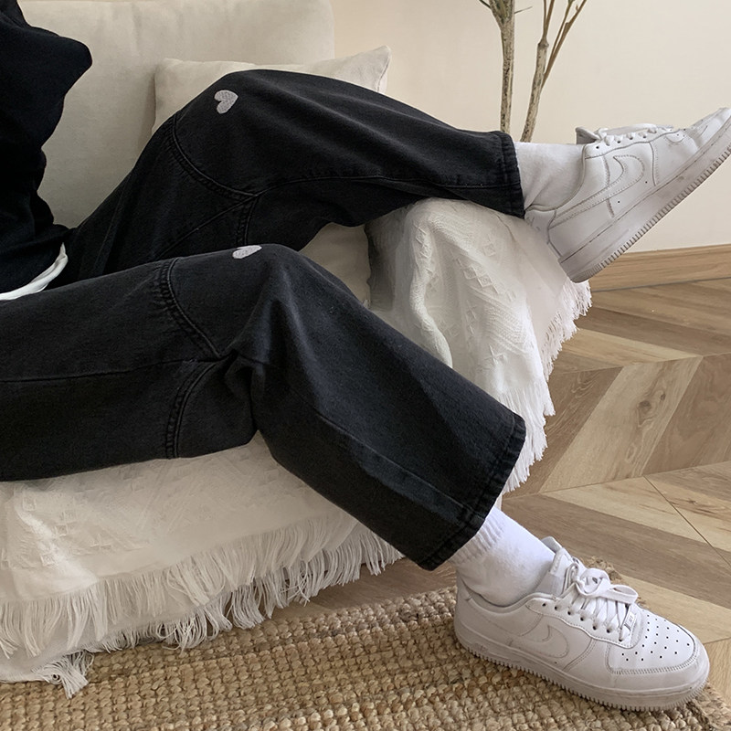 Fat sister plus size love jeans fall new 2022 women's loose high waist straight wide leg pants look thin