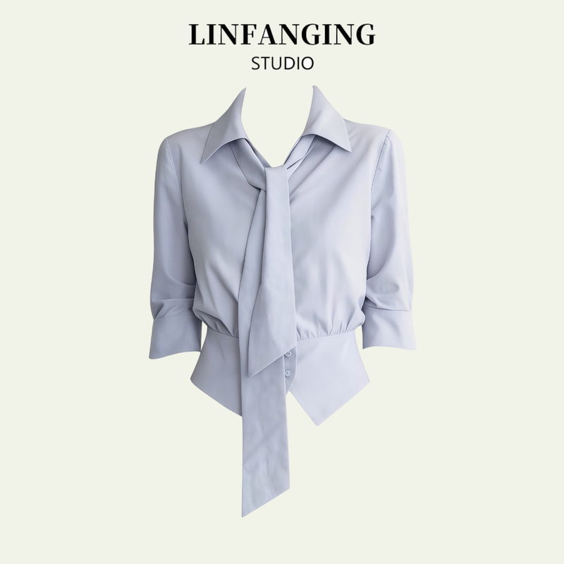 Linfanging Commuter Style Tie-Waist Shirt for Women, Long Sleeve, New Summer Design, Waist-Cinching Fashionable Top