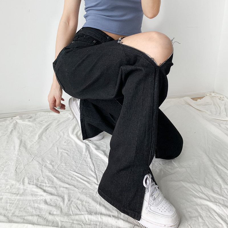 Ripped jeans women's straight loose high-waisted pants fat sister plus size women's autumn clothing 2022 new trend