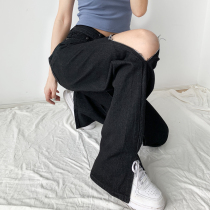Breaking hole split jeans womens straight tube loose high waist pants fat sister size womens autumn clothes 2021 New Tide