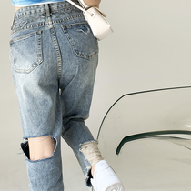 Breaking hole jeans womens straight tube loose high waist slim pants fat sister size womens autumn clothes 2021 New Tide