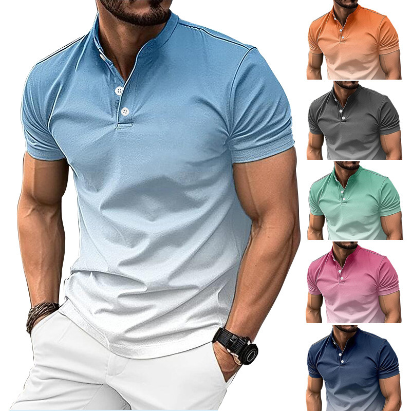 2026 Spring/Summer New European and American Men's Golf Henley Shirt Men's Stand Collar Gradient Casual Short Sleeve Top Multi-Color