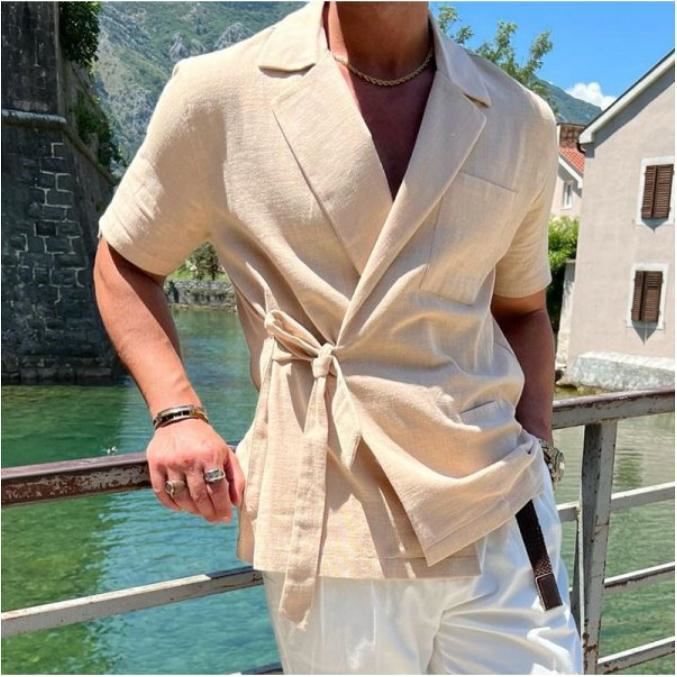 2025 Summer Men's Solid Color Suit Collar Tie Short-Sleeve Shirt High-End Lapel Thin Jacket Top American Style Shirt