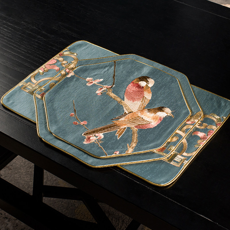 New Chinese style dining table plate mat heat insulation anti slip Chinese style embroidered fabric tea table mat vase mat bowl mat tea cup mat