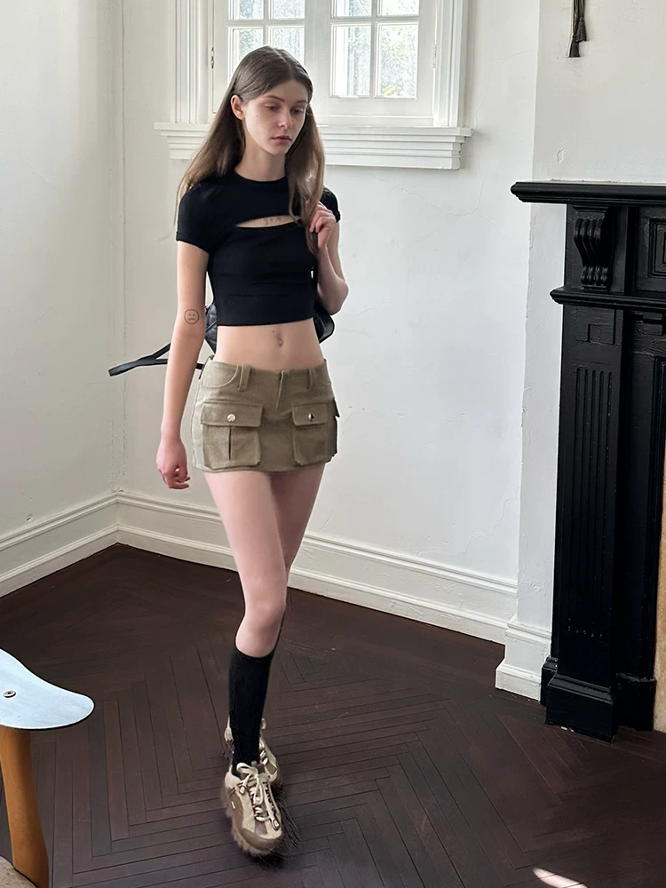 SANSFRONTIERES "KIM T-Shirt" hollow design high-waist short shoulder slim T-shirt