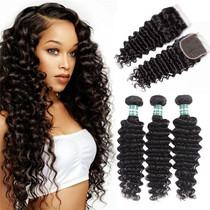  8A Peruvian Deep Wave Closure Hair weave Off Black Hair