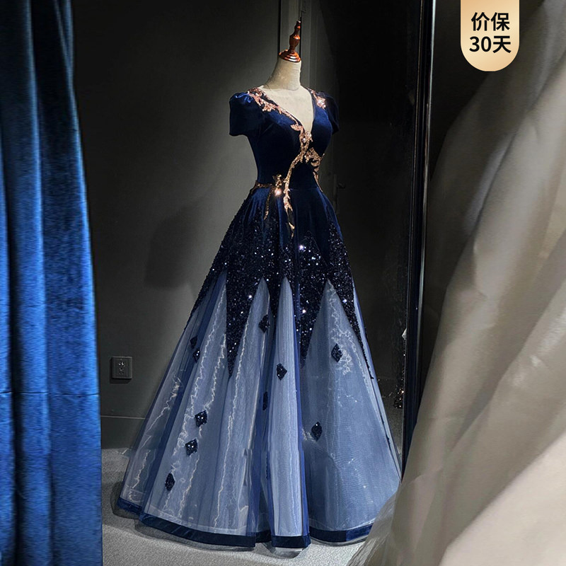 Hostess Dress Blue High-End Light Luxury Niche Banquet Choir Performance Dress Women's Sequin Operatic Solo Dress Hostess Dress Blue High-End Light Luxury Niche Banquet Choir Performance Dress Women's Sequin Operatic Solo Dress